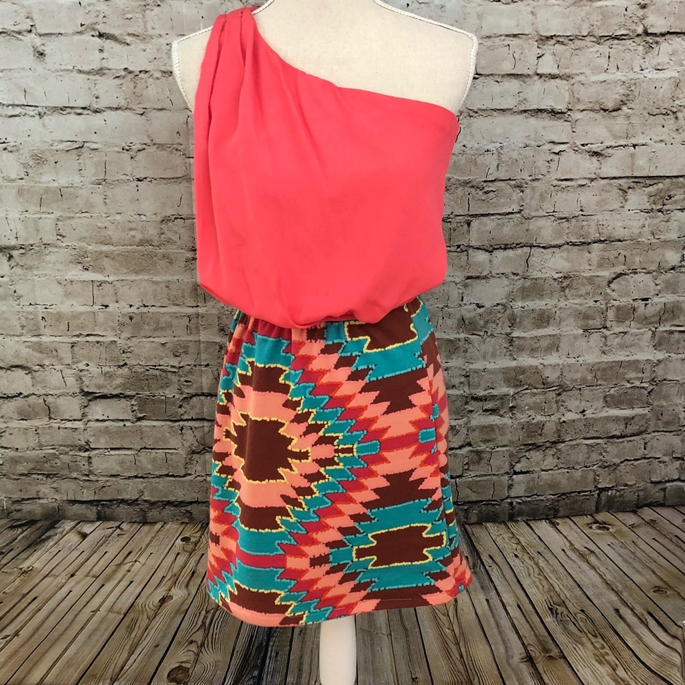 JUDITH MARCH Anthro Coral Aztec One Shoulder Dress